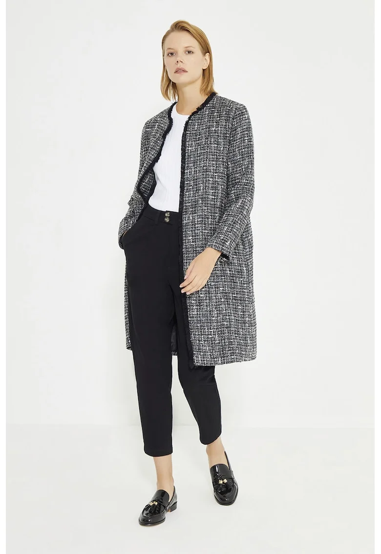 Palton cu model herringbone si aspect texturat, fara inchidere, Alb/Negru