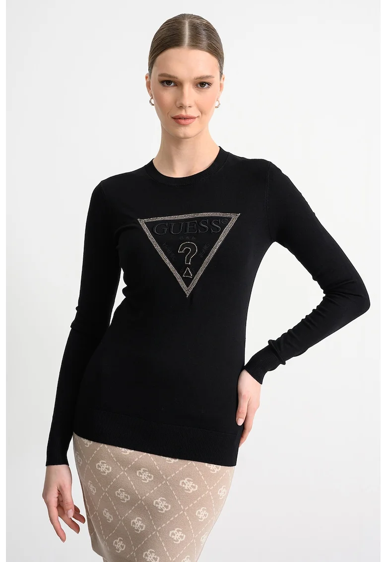 Bluza slim fit cu logo in relief si detalii cu strasuri, Negru/Argintiu