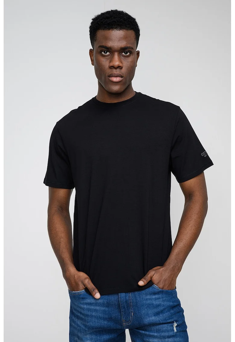 Tricou din amestec de modal cu decolteu la baza gatului, Negru