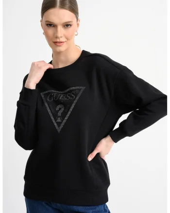 Bluza de trening cu maneci cazute si logo din strasuri, Negru