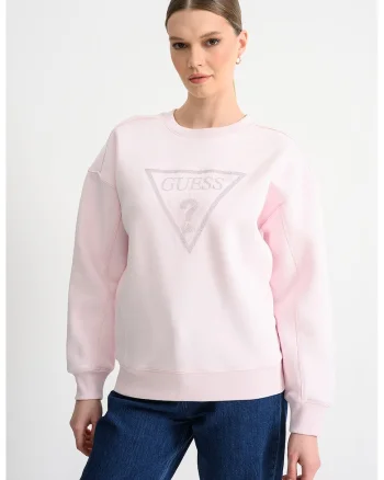 Bluza de trening cu maneci cazute si logo din strasuri, Roz pastel/Argintiu