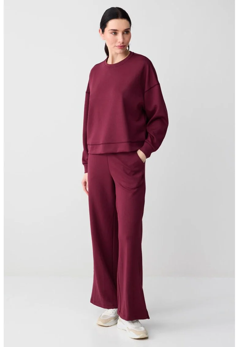 Bluza de trening din amestec de modal cu decolteu la baza gatului si maneci cazute, Rosu inchis