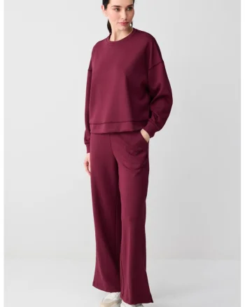 Bluza de trening din amestec de modal cu decolteu la baza gatului si maneci cazute, Rosu inchis