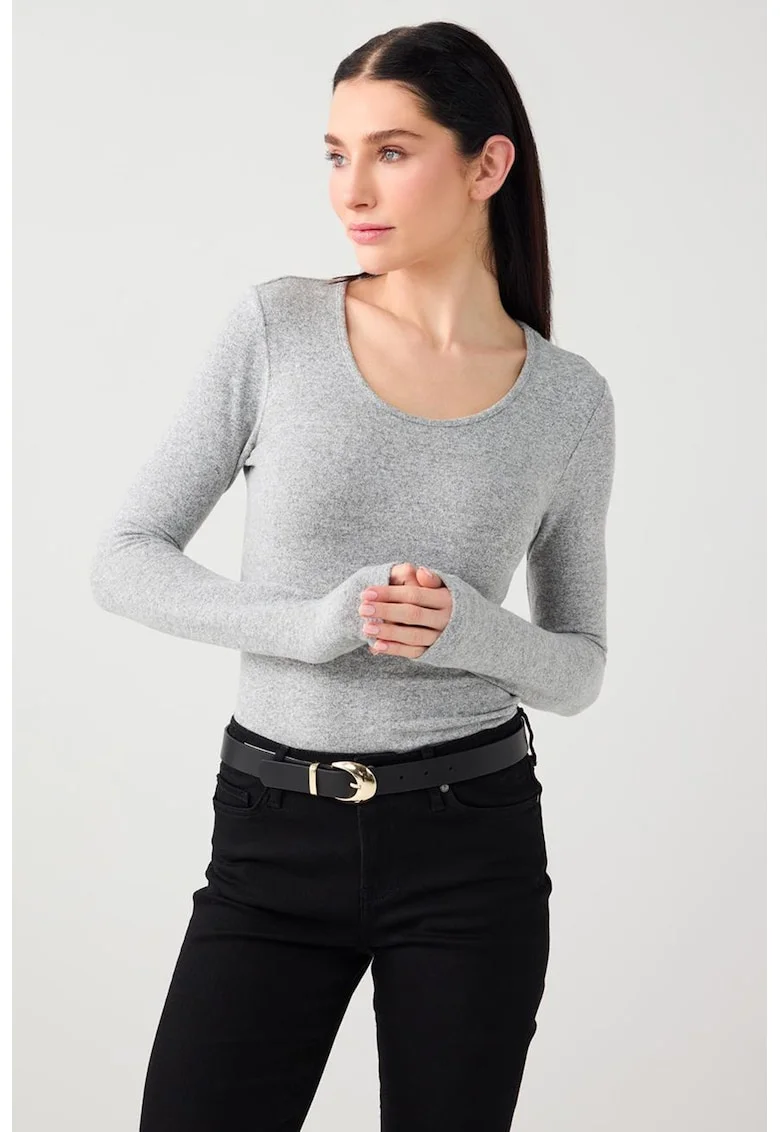 Bluza slim fit cu decolteu rotund, Gri deschis melange