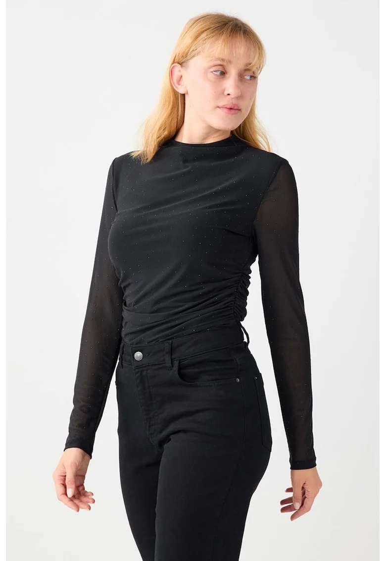 Bluza slim fit cu aplicatie cu strasuri, Negru