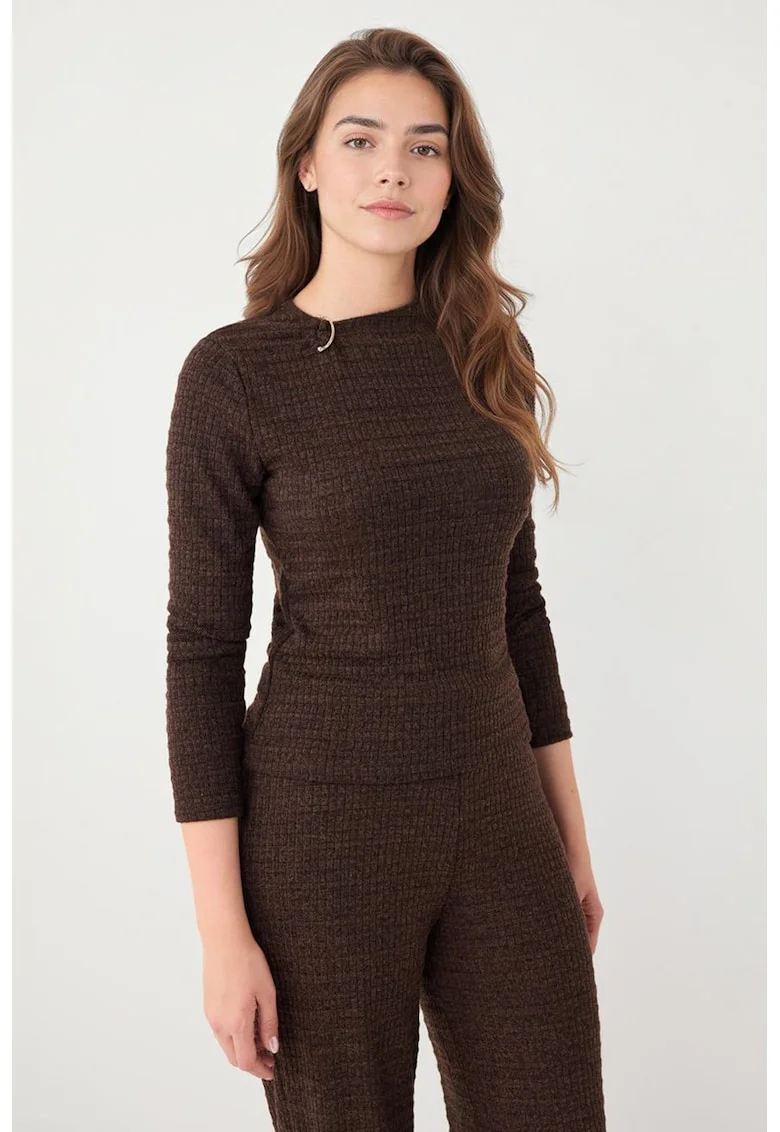 Bluza slim fit cu decolteu la baza gatului, Maro inchis