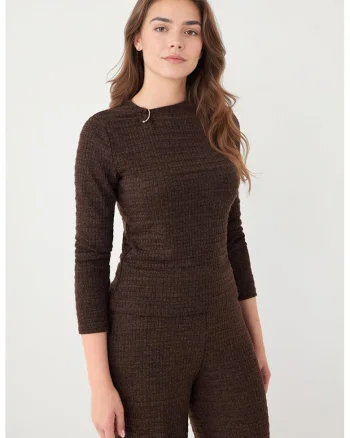 Bluza slim fit cu decolteu la baza gatului, Maro inchis