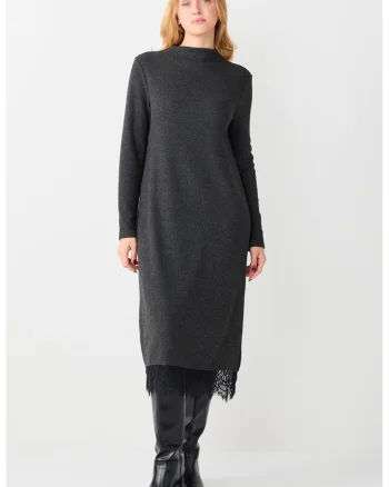 Rochie midi cu croiala dreapta, Gri antracit