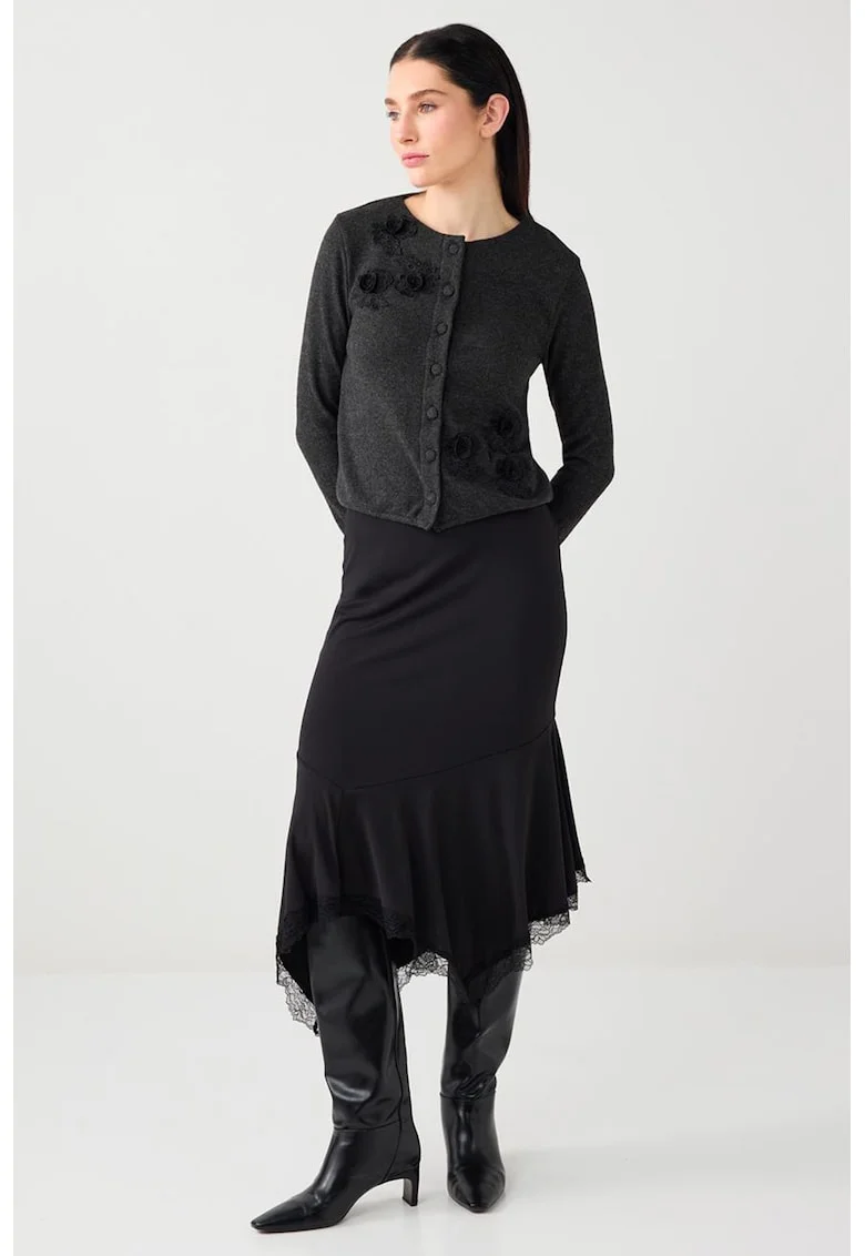 Cardigan tricotat cu broderii florale, Gri antracit