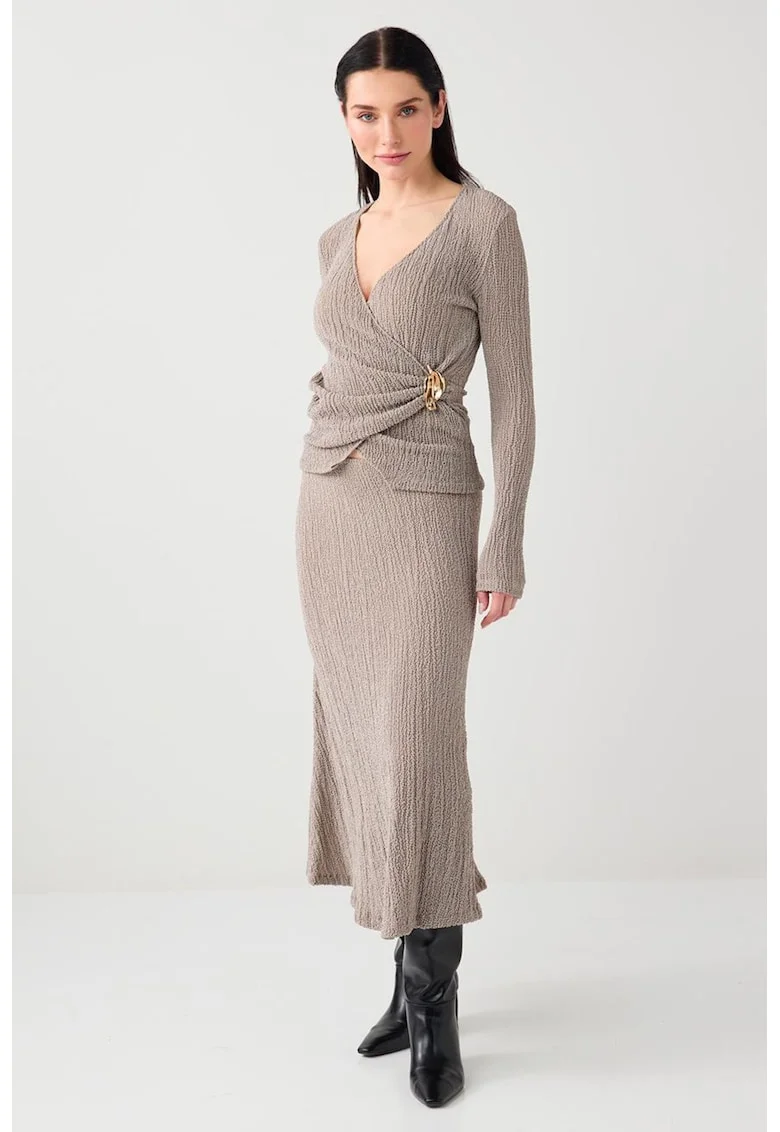 Fusta midi texturata, Maro taupe deschis
