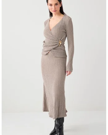 Fusta midi texturata, Maro taupe deschis