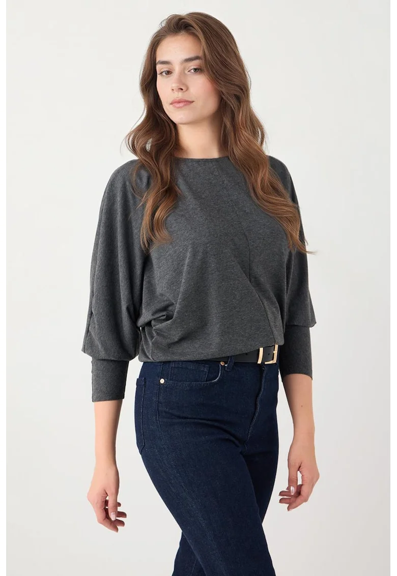 Bluza cu decolteu la baza gatului si maneci 3/4, Gri antracit
