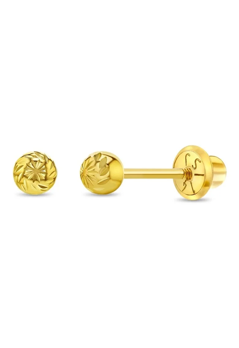 Cercei din Aur 14K pentru Copii, model Biluta Fatetata Diamond-Cut 4 mm, inchidere cu Filet si Protectie