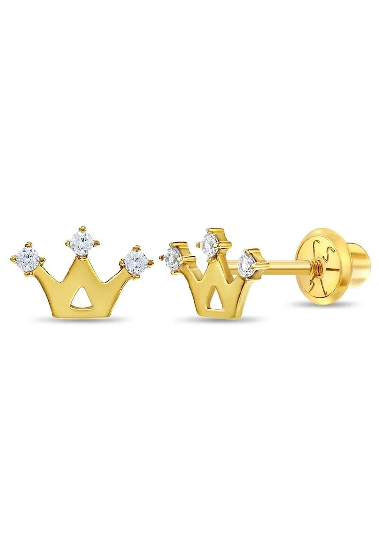 Cercei din Aur 14K pentru Copii – model Coroana cu Pietre CZ, inchidere cu Filet si Protectie