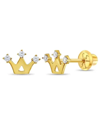 Cercei din Aur 14K pentru Copii – model Coroana cu Pietre CZ, inchidere cu Filet si Protectie