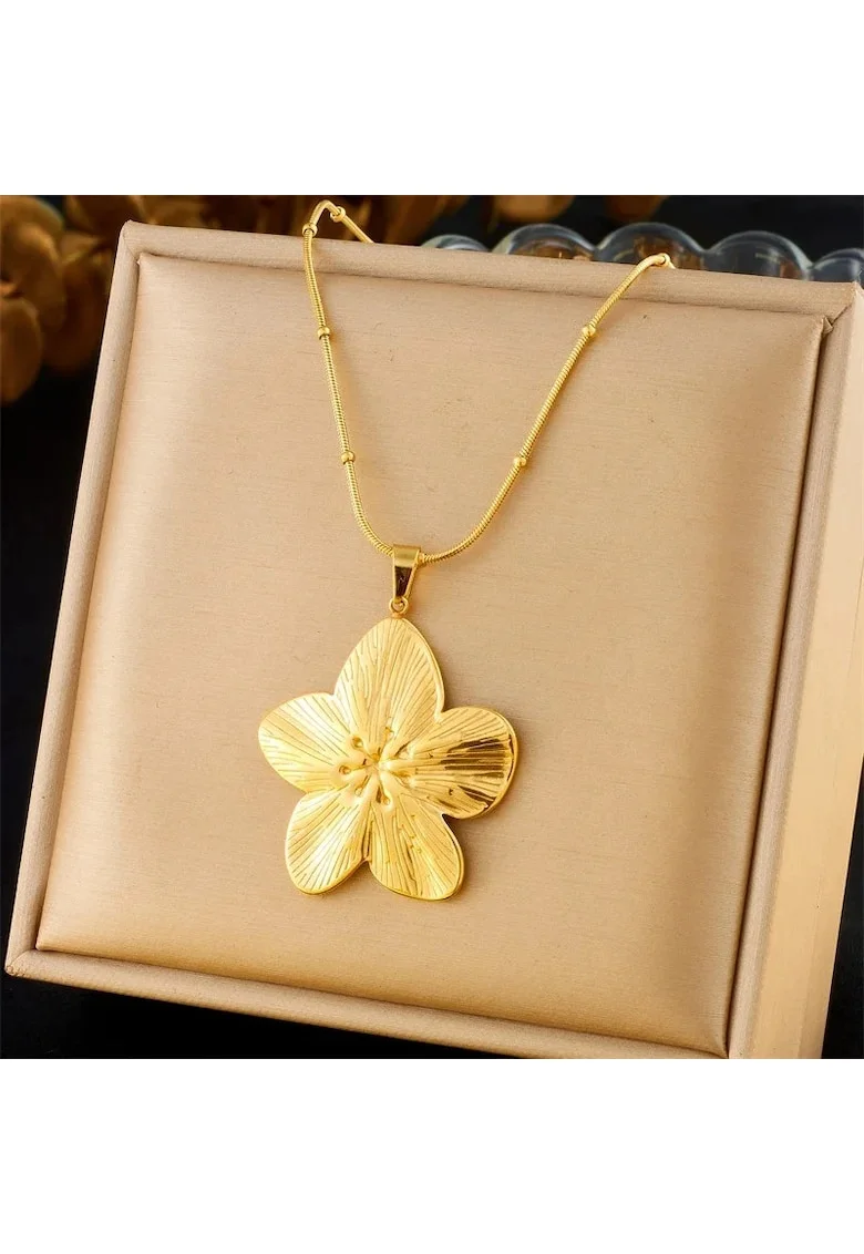 Colier auriu, din otel inoxidabil, suflat cu aur 18k, cu pandantiv floare, Sunniva C1