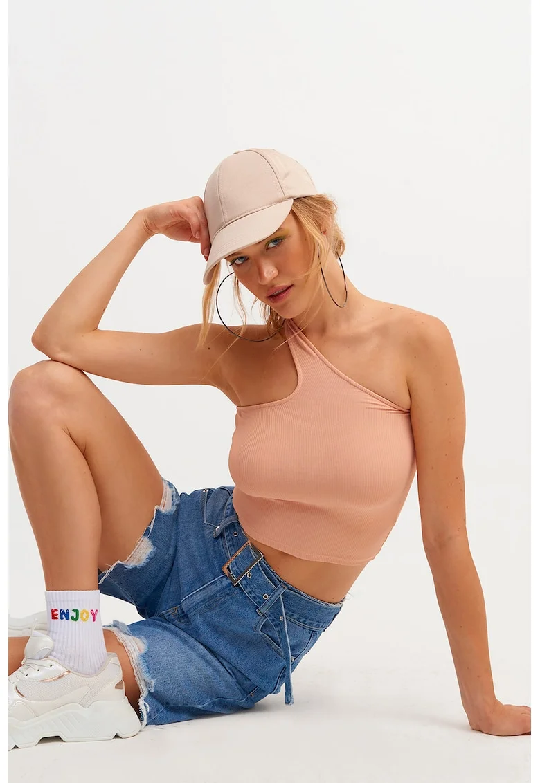Top crop cu decolteu pe un umar, Roz prafuit