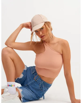 Top crop cu decolteu pe un umar, Roz prafuit