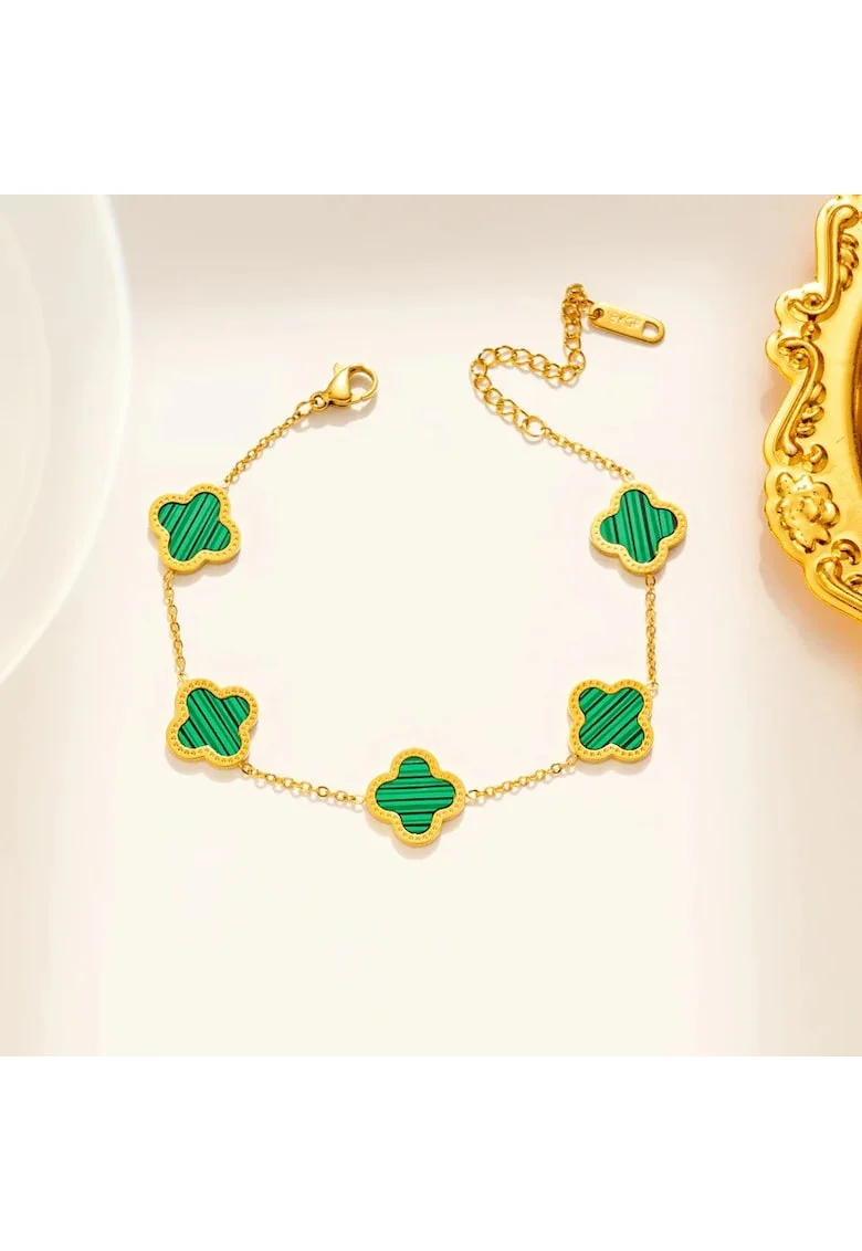 Bratara aurie, din otel inoxidabil, suflata cu aur 18k, cu trifoi verde, Pippa C4