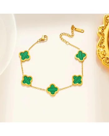 Bratara aurie, din otel inoxidabil, suflata cu aur 18k, cu trifoi verde, Pippa C4