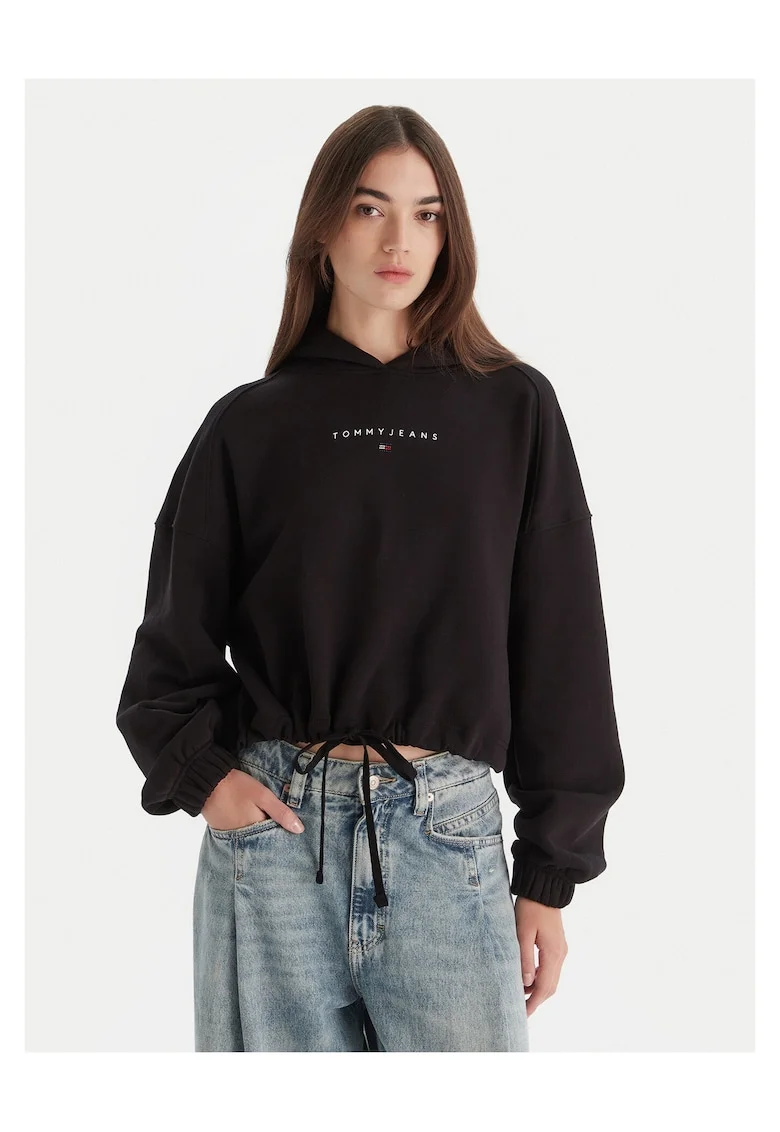 Hanorac dama  negru, textil, cu gluga si logo