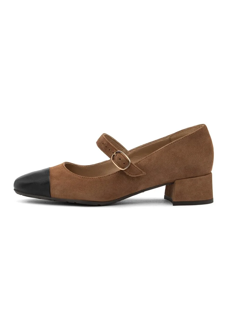 Pantofi Mary Jane din piele cu varf rotund, Maro inchis/Maro camel