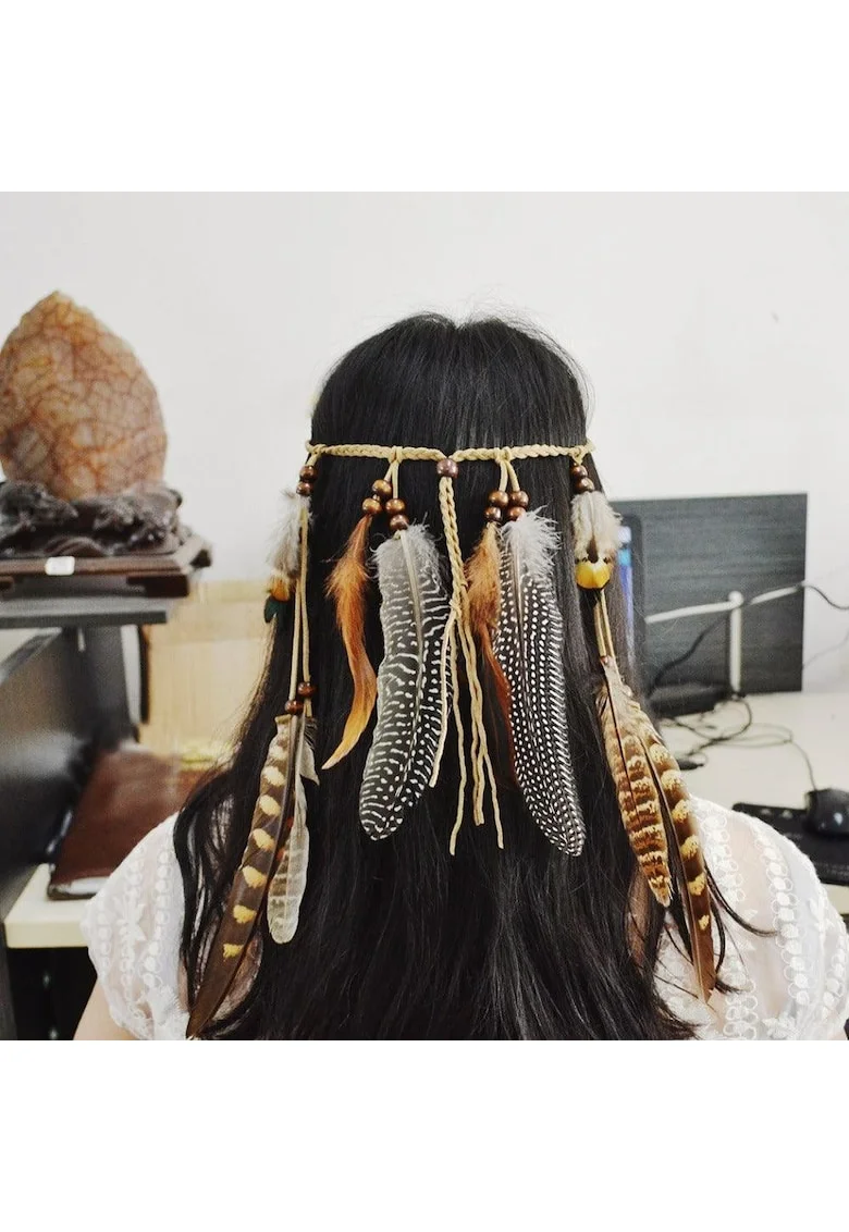 Accesoriu de cap, maro, cu pene, stil hippie, Alvira C7
