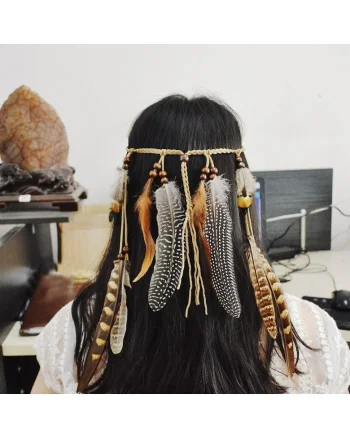 Accesoriu de cap, maro, cu pene, stil hippie, Alvira C7