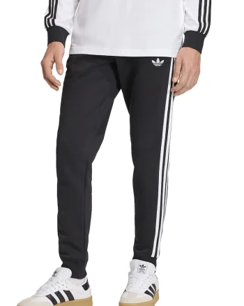 Pantaloni sport conici cu 3 dungi si buzunare laterale, Alb/Negru