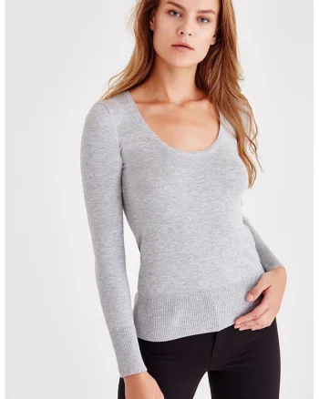 Pulover slim fit cu decolteu adanc, Gri deschis melange