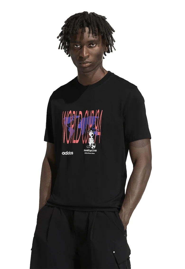 Tricou cu imprimeu si decolteu la baza gatului, Negru/Coral/Ametist
