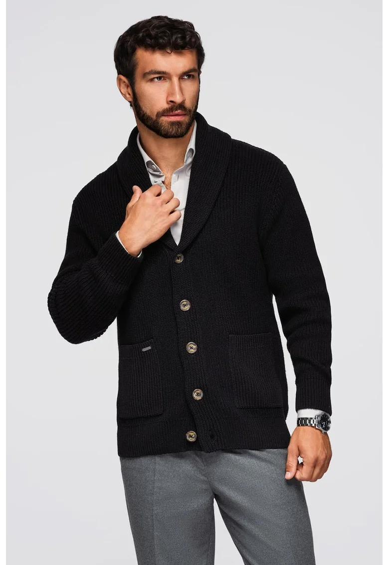 Cardigan tricotat cu buzunare cu fermoar, Negru