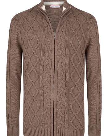 Cardigan cu fermoar si model torsade, Maro inchis
