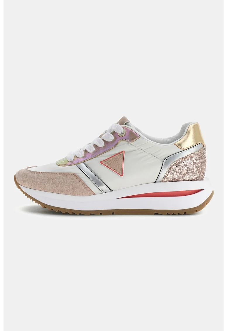 Pantofi sport cu talpa wedge si detaliu stralucitor, Alb/Roz prafuit