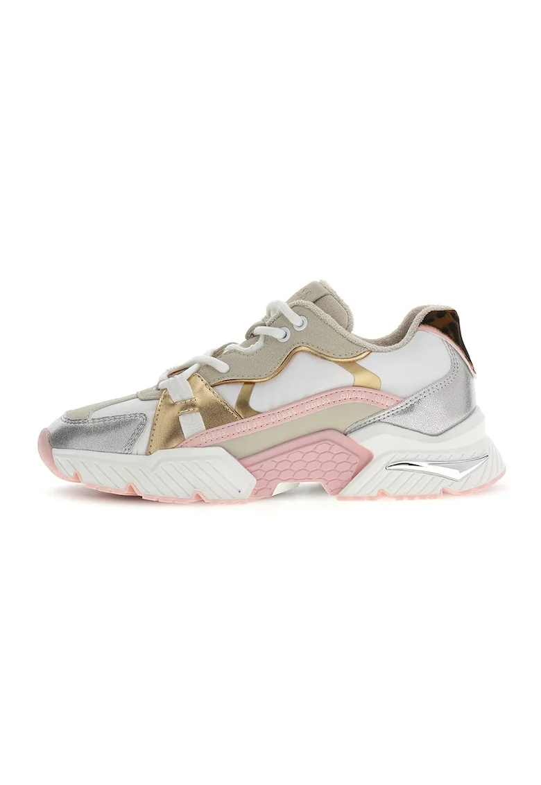 Pantofi sport cu talpa wedge si garnituri din piele ecologica, Alb/Roz