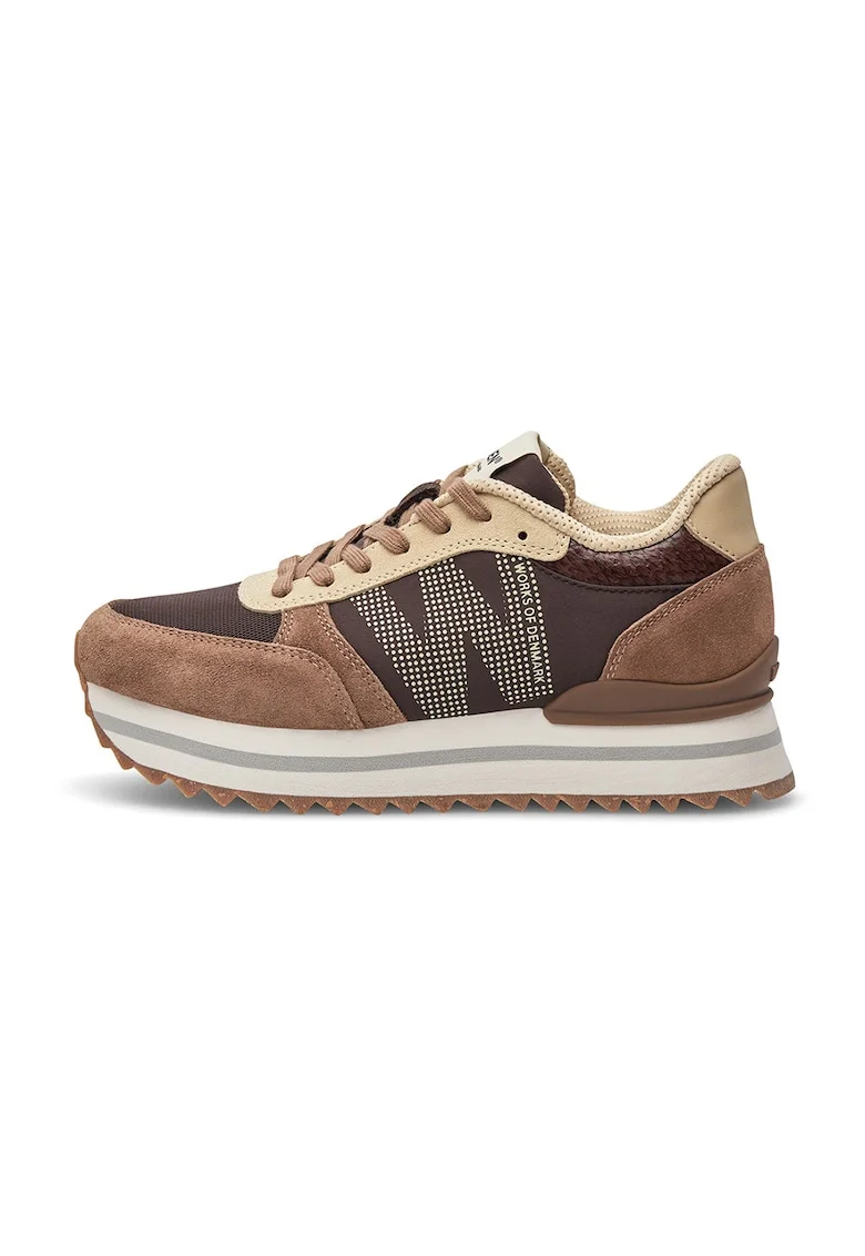 Pantofi sport wedge cu garnituri de piele intoarsa, Maro taupe/Caramel