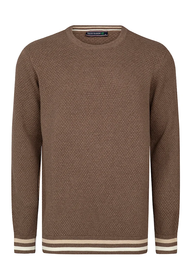 Pulover de bumbac cu detalii in dungi, Maro inchis/Alb murdar