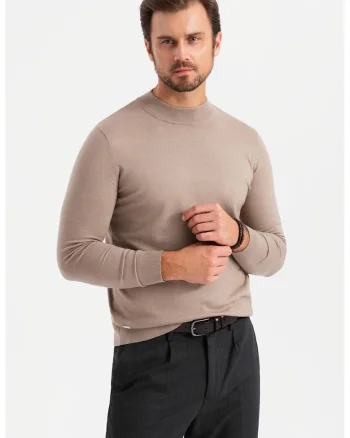 Pulover slim fit tricotat fin, Maro camel
