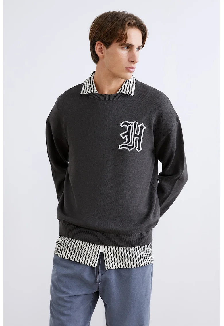 Pulover cu decolteu la baza gatului si model grafic, Alb/Negru/Gri antracit