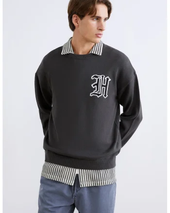 Pulover cu decolteu la baza gatului si model grafic, Alb/Negru/Gri antracit