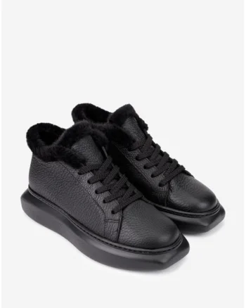 Ghete dama  negre din piele texturata cu blanita