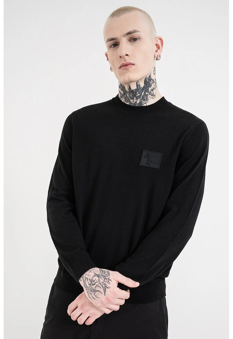Pulover slim fit din amestec de lana cu aplicatie logo, Negru