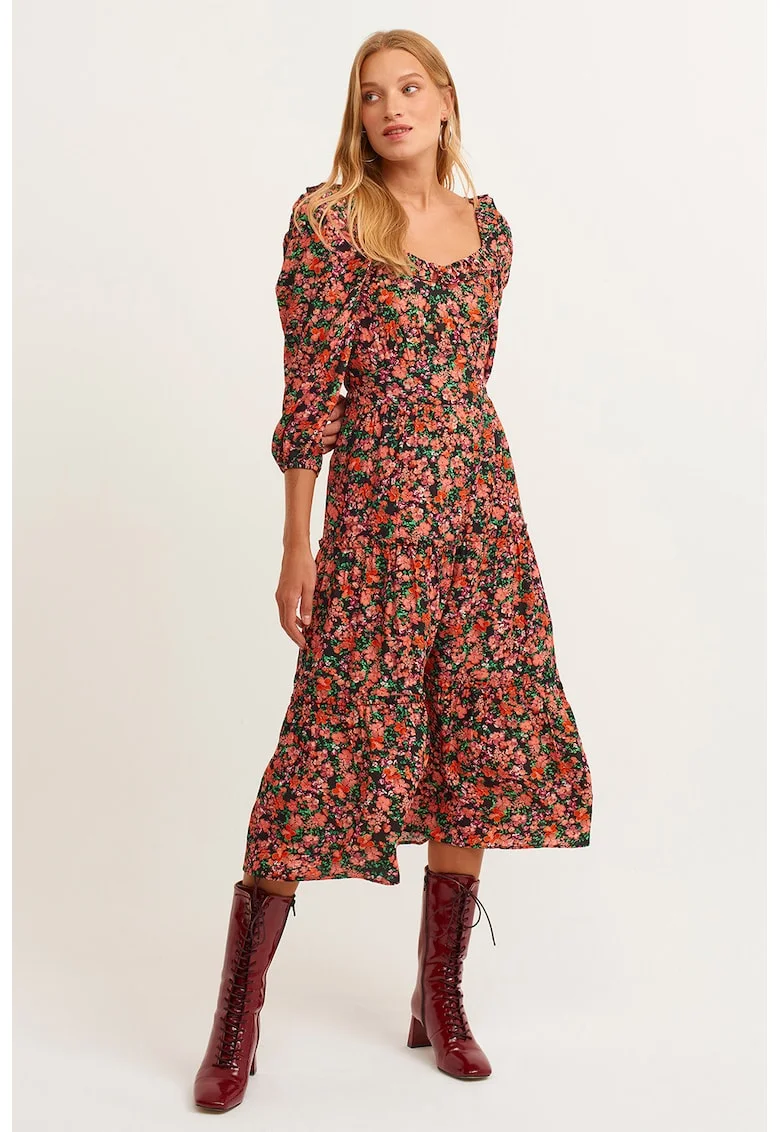 Rochie cu model floral si maneci bufante, Verde/Coral/Portocaliu mandarina