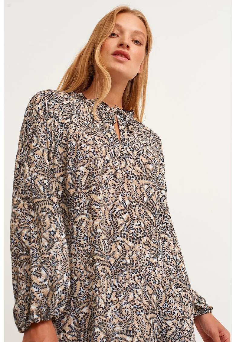 Rochie midi cu imprimeu floral, Alb fildes/Negru/Bej