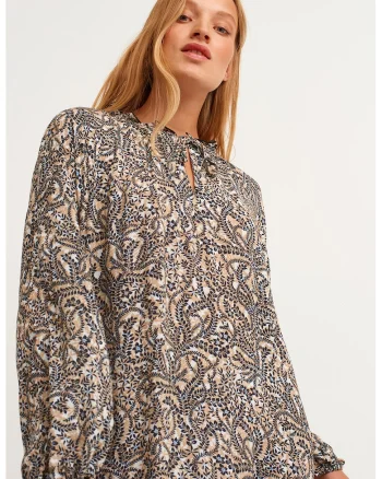 Rochie midi cu imprimeu floral, Alb fildes/Negru/Bej