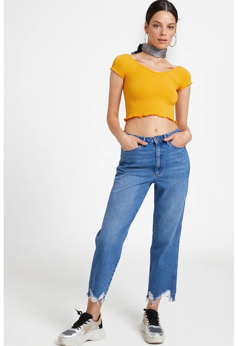 Tricou texturat cu decolteu in V, Galben