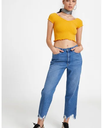 Tricou texturat cu decolteu in V, Galben