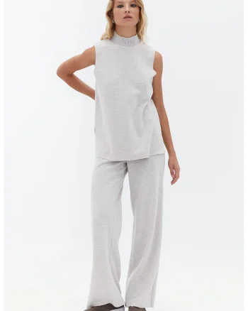 Pantaloni cu croiala ampla si talie elastica, Gri deschis melange