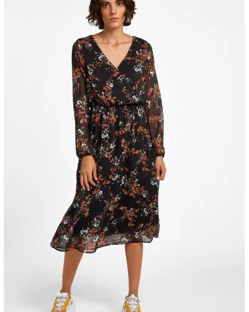 Rochie midi din sifon, Negru/Portocaliu/Albastru deschis