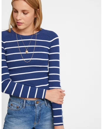 Pulover crop cu terminatie valurita, Alb/Albastru